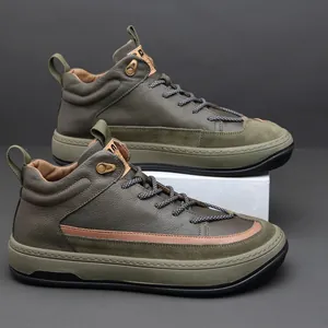 Premium men's olive green high-top leather casual shoes with unique clown shoe design.