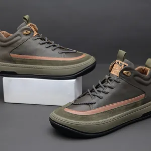 Premium olive green leather men's high-top casual shoes with round toe and sport design