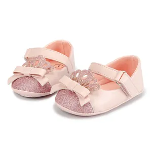 New fashionable pink glitter baby princess shoes with crown and bow details for infants
