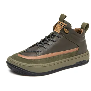 Men's high-top leather casual sneaker with asymmetrical rounded toe in olive green