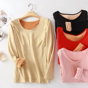Haut Thermique pour Femmes Doublé Polaire Épaissi Coupe Slim Manches Longues Couche de Base Grand Col Rond Sous-vêtement Chaud d'Hiver