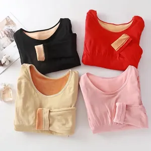 Hauts thermiques confortables pour femmes doublés de polaire, grand col rond en quatre couleurs