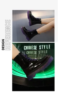 Close-up detail of black patent leather combat boots featuring a unique purple platform sole.