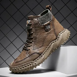 Bottes Martin Hautes pour Hommes Bottes de Neige Chaudes Hiver Avec Bord de Chaussette Tricoté Semelle en Caoutchouc Antidérapante Chaussures de Mode Décontractées
