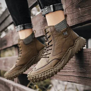 Bottines Martin marron pour hommes avec col en tricot et semelle crantée pour l'hiver
