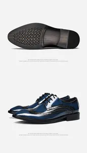 Vue détaillée des chaussures richelieu en cuir bleu dégradé avec semelle robuste.