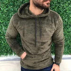 Herren Sherpa-Fleece-Kapuzenpullover in Olivgrün mit Kordelzug und Kängurutasche