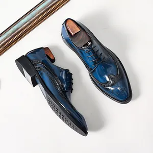 Chaussures Derby Brogue Homme Bout Pointu Style Britannique Affaires Formel Cuir de Vachette Chaussures de Ville Dégradé Bleu Noir Sculpture