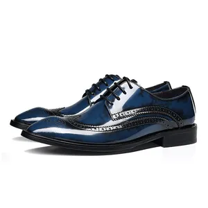 Chaussures Derby richelieu patinées bleu et noir pour hommes en cuir poli