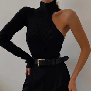 Women Sexy One Shoulder Long Sleeve Bodysuit Mock Neck Ribbed Knit Slim Fit Solid Color Elegant Bodysuit Top Streetwear
