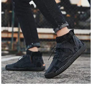 Close-up of men's mid-top winter casual shoes with knitted collar and stitching detail