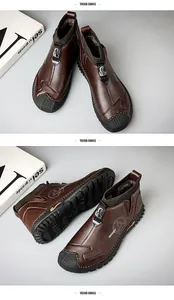Detailed view of men's mid-top brown leather boots with warm plush lining and thick sole