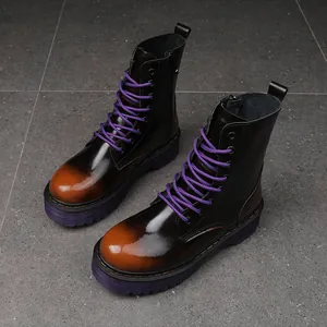 Women British Style Martin Boots Mid-calf Cowhide Leather Purple Platform Sole Lace-up Round Toe Autumn Winter Fashion Boots