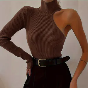 Detailed view of stylish brown ribbed one-shoulder turtleneck long sleeve bodysuit