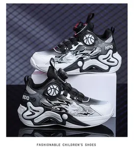 Professional mid-top boys' basketball shoes with rotary buckle and flame pattern