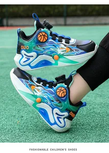 Detailed view of boys' basketball shoes with flame pattern and dial lacing system.