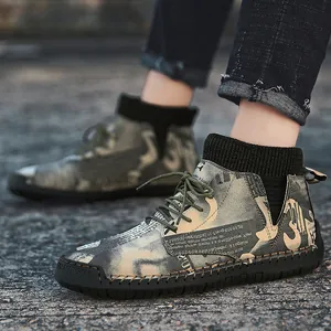 Stylish camouflage and newspaper print mid-top men's winter sneakers with warm lining