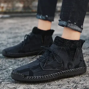 Men's stylish mid-top casual shoes with warm fleece lining and retro patterned design