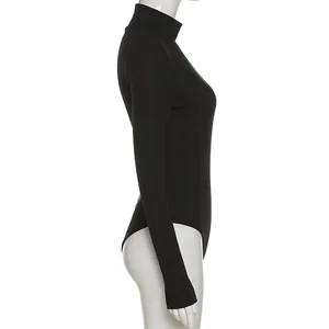 Detail view showing side profile of black ribbed mock neck long sleeve bodysuit for women