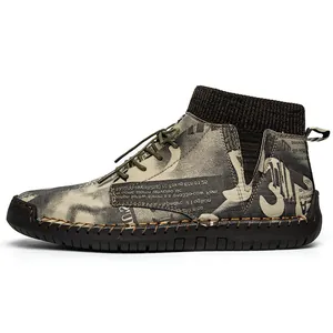 Men's mid-top casual shoes with vintage newspaper print and warm knit collar for winter