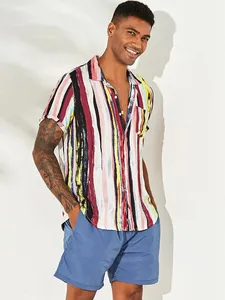 Men's loose casual vertical striped short sleeve beach shirt modeled with blue shorts