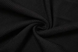 Close-up macro shot showing high-quality black ribbed fabric texture for women's bodysuit