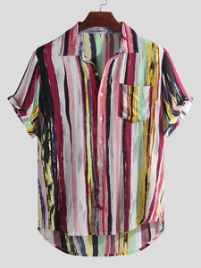 Close-up detail of a colorful vertical striped short sleeve shirt with chest pocket
