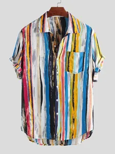 Detailed front view of men's casual short sleeve shirt with colorful vertical stripes