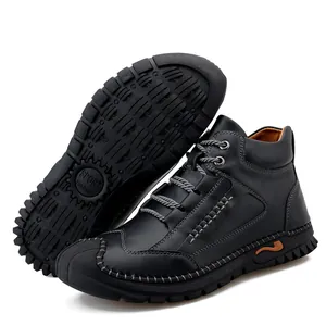 Black men's high-top winter boots with warm fleece lining and non-slip rubber soles