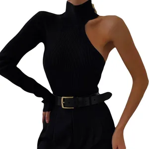 Chic one-shoulder long sleeve mock neck bodysuit in ribbed black fabric for women