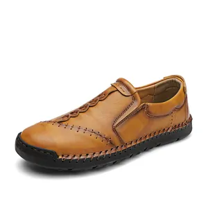 Heren Casual Rundleer Schoenen Met de Hand Genaaid Trendy Eenvoudige Loafers Outdoor Reizen Wandelschoenen