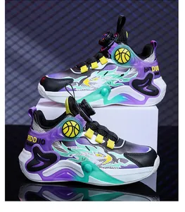 Detailed side view of purple boys' mid-top basketball shoes with flame graphics
