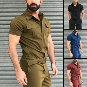 Detailed view of men's utility romper jumpsuit available in multiple colors with belt