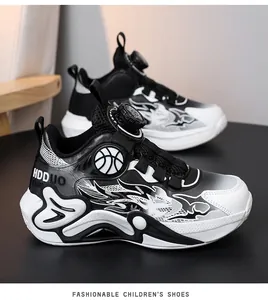 Detail of boys' waterproof basketball shoes with flame pattern and dial lace system
