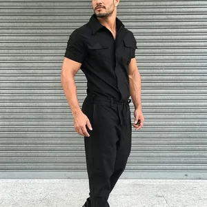 A detailed side view of a black men's short-sleeved workwear jumpsuit with a waist belt