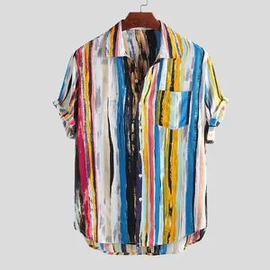 Men's Casual Polyester Striped Short Sleeve Shirt Loose Beach Vacation Button Down Top Comfortable Summer Clothing For Men