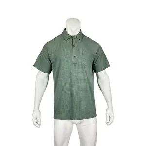 Men's sage green waffle knit polo shirt with short sleeves and pocket on white mannequin.