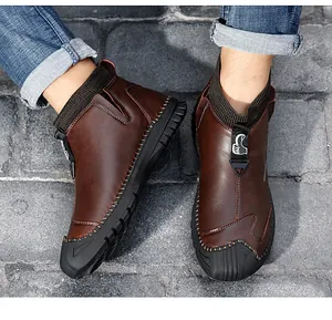 Men's brown leather mid-top martin boots with comfortable knitted sock collar detail