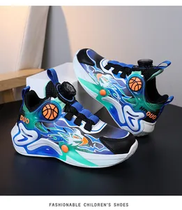 Vibrant blue and green boys' basketball shoes with dragon flame patterns