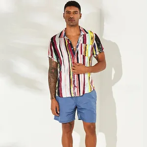 Men's loose colorful striped short-sleeve button-down shirt with casual summer beach print