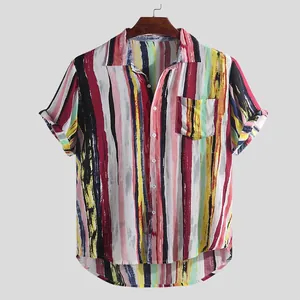 Men's casual short sleeve shirt with colorful vertical brush-stroke stripes and pocket