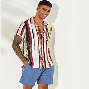 Men's casual loose vertical striped short sleeve beach shirt in colorful brush print