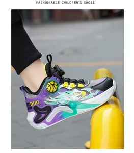 Close-up of boys purple basketball shoes featuring adjustable dial lacing system and flame graphics