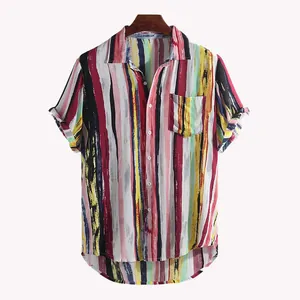 Men's casual loose short-sleeve beach shirt with colorful vertical stripe prints