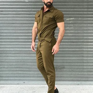 Side view of olive green men's short-sleeve jumpsuit with chest pockets and belt