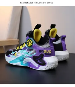 Side view of purple boy's basketball shoes showing detailed graphic flame patterns.