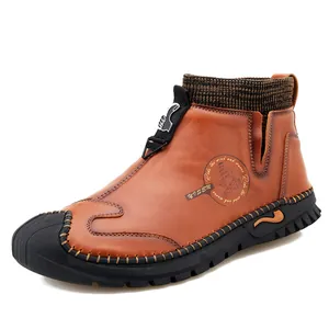 Men Casual PU Leather Martin Boots Fashion Sock Cuff Slip On Mid-Calf Boots Winter Warm Fleece Lined Rubber Sole Shoes