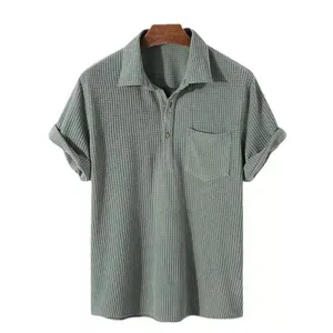 Premium casual sage green short-sleeve shirt with waffle texture and front pocket