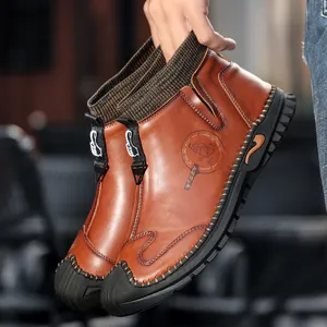 Men's mid-top brown leather boots with a warm knitted sock collar