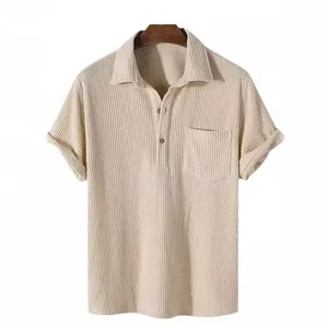 Men's casual beige textured corduroy short sleeve shirt with pocket and polo collar